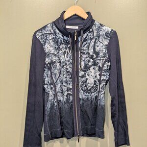 Betty Barclay Elements Paisley Full Zip Sweater Mock Neck Stretch Size 12 Navy